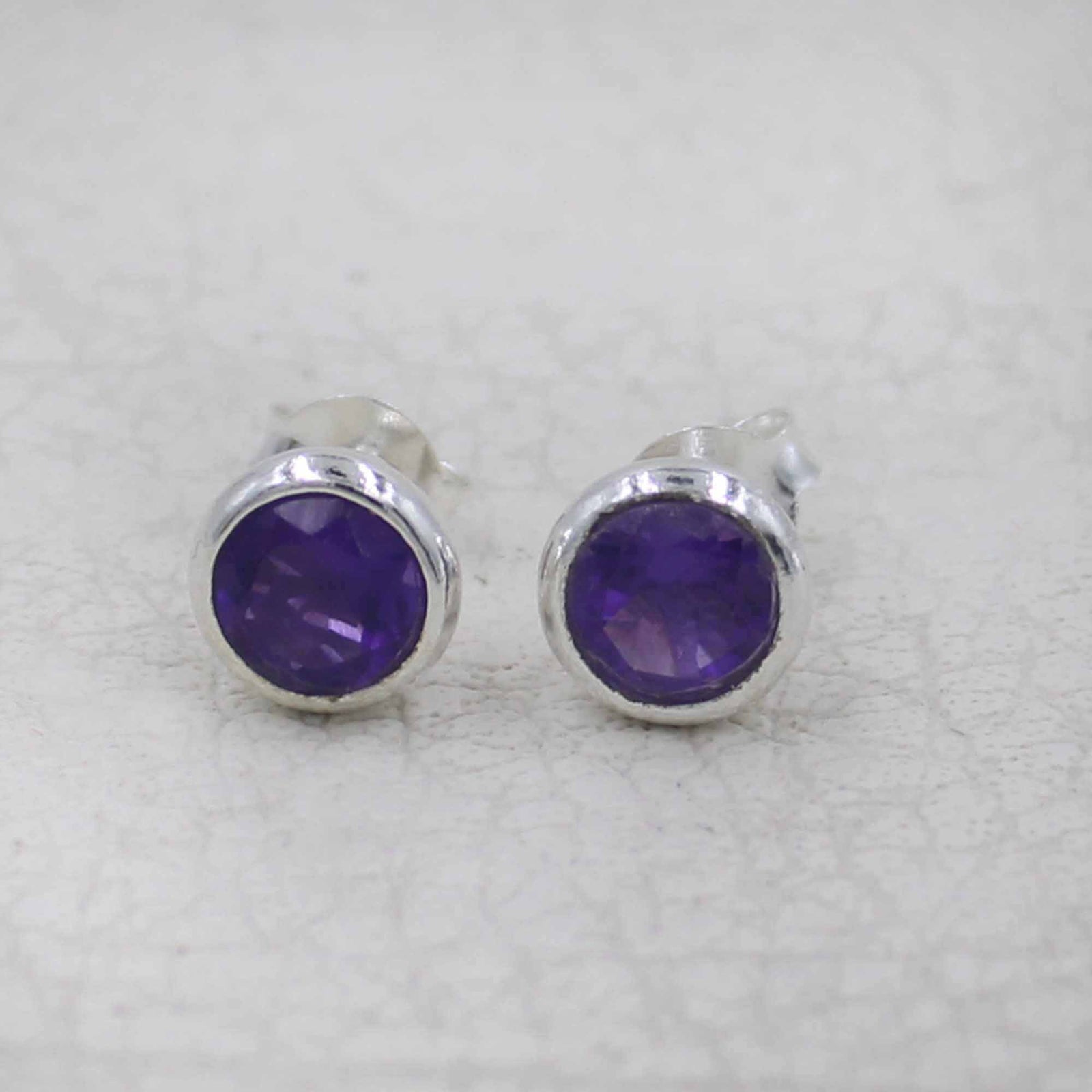 Round Amethyst Stud  Sterling Silver Bezel Earrings
