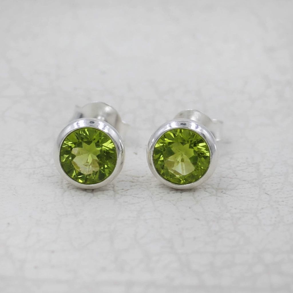 Round Peridot Stud  Sterling Silver Bezel Earrings