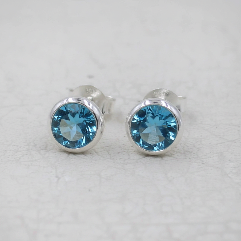 Round Blue Topaz Stud  Sterling Silver Bezel Earrings