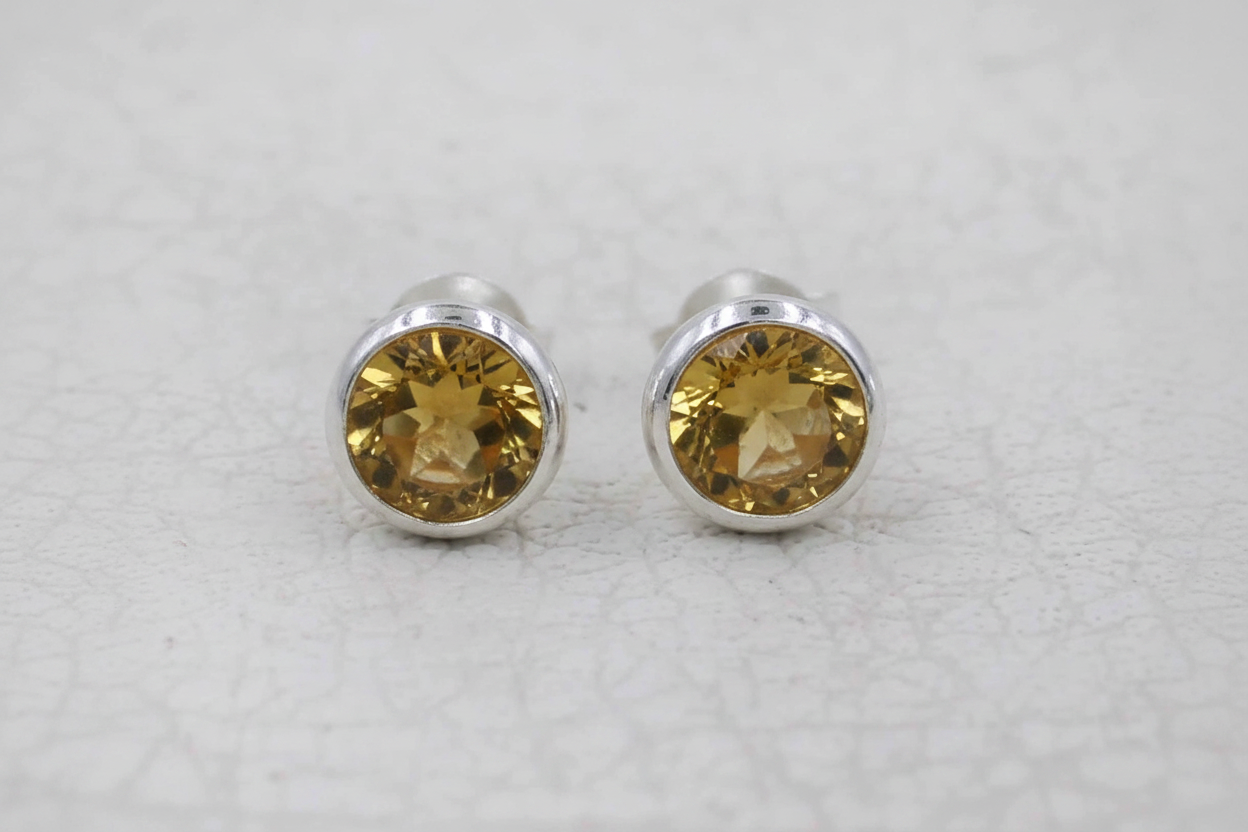 Round Citrine Stud  Sterling Silver Bezel Earrings
