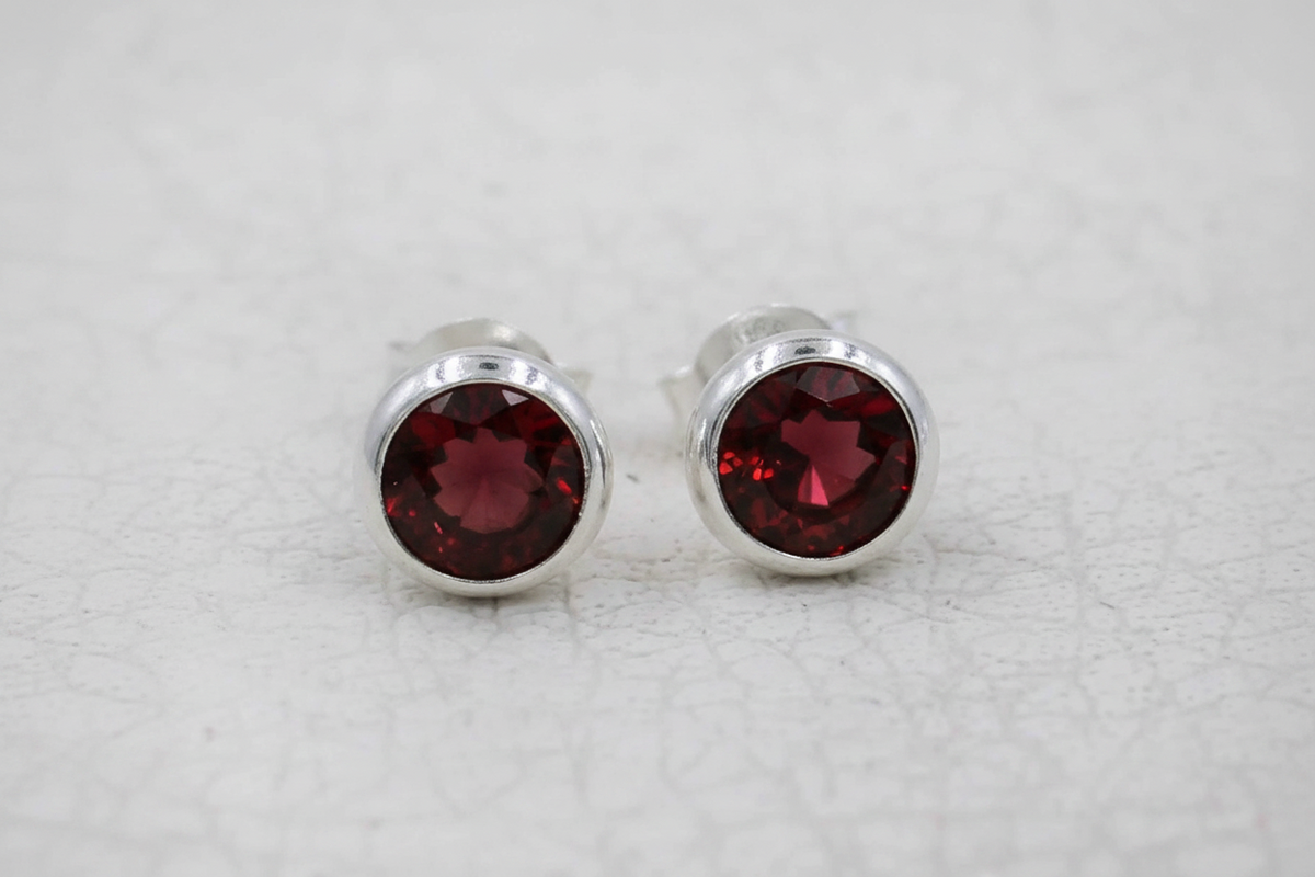 Round Garnet Stud  Sterling Silver Bezel Earrings