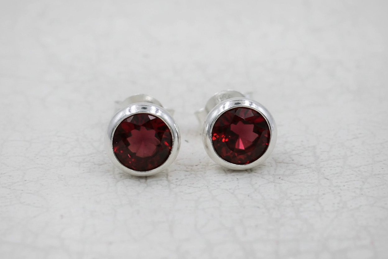 Round Garnet Stud  Sterling Silver Bezel Earrings