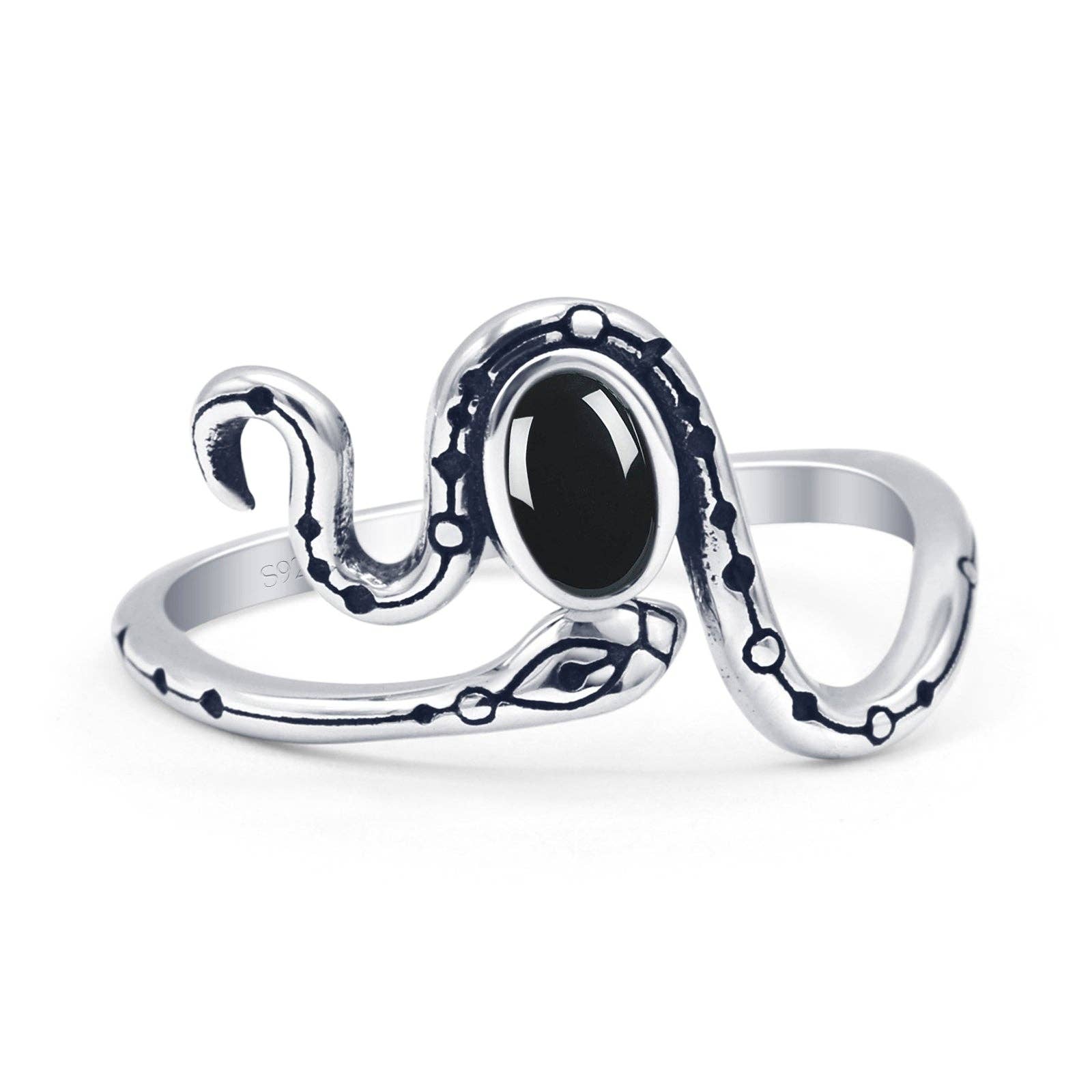 Snake with Black Agate Egg Ring Oxidized