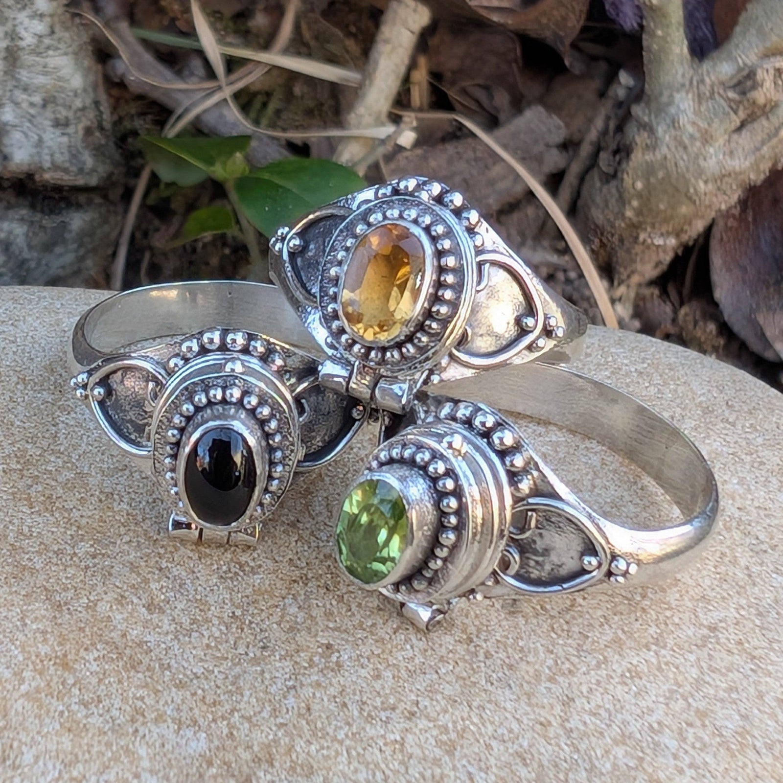 Gothic Oval Gemstone Poison Vessel Ring - Sterling Silver