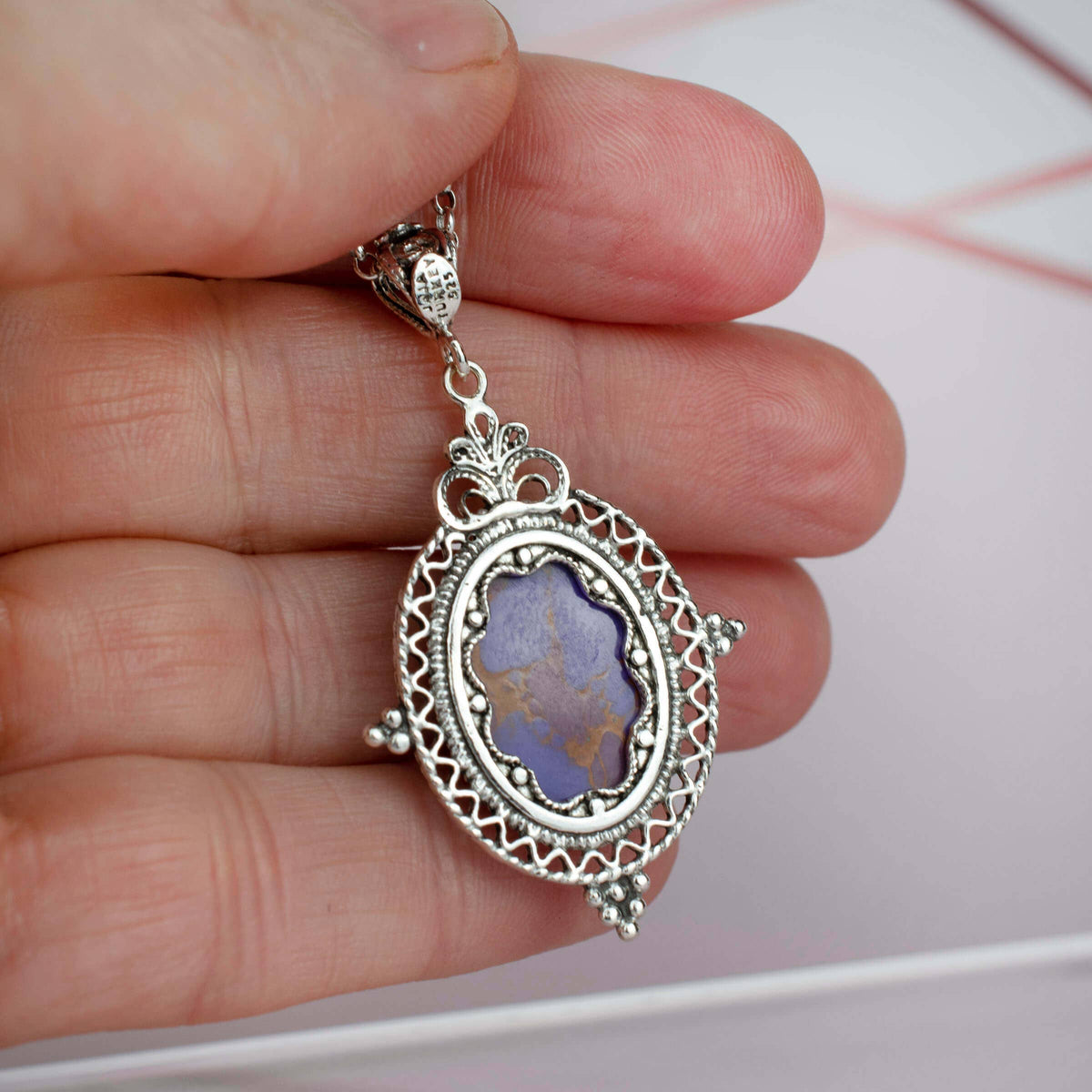 Sterling Silver Filigree Art Mojave Turquoise Gemstone Oval Pendant