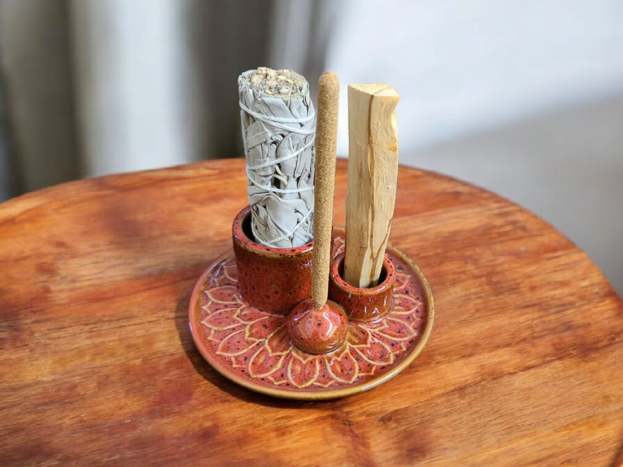 Sage, Incense, Palo Santo Ceramic Burner - Red