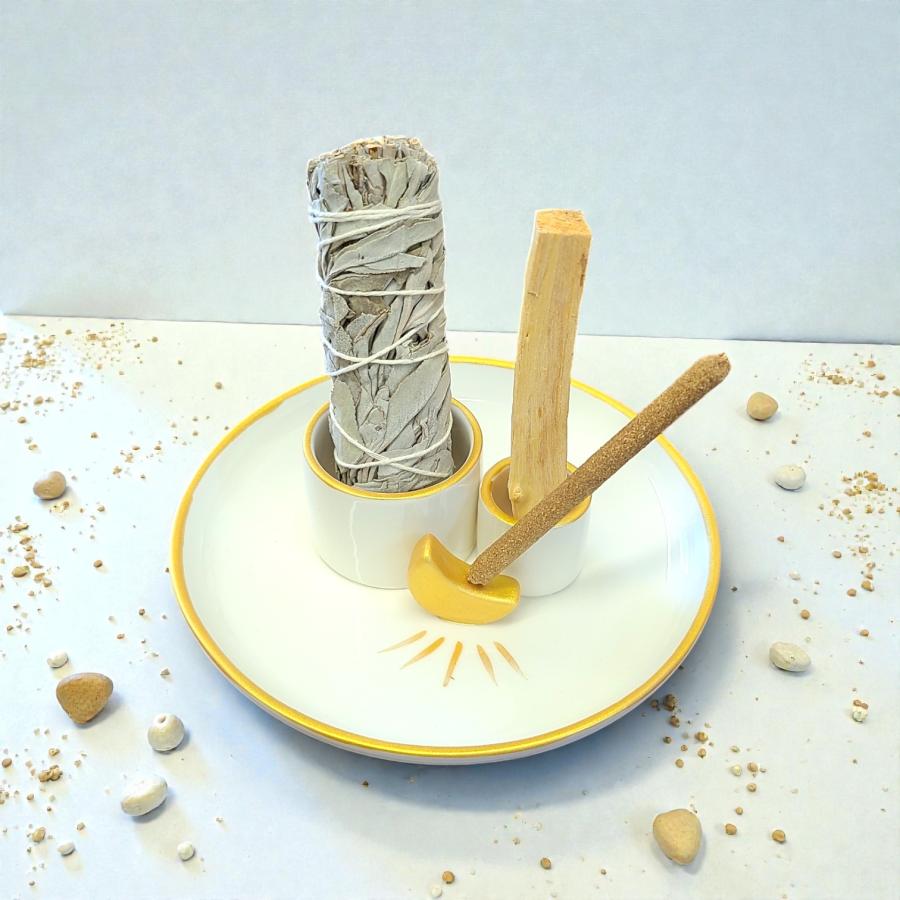 Sage, Incense, Palo Santo Ceramic Burner - White w/ Yellow Moon