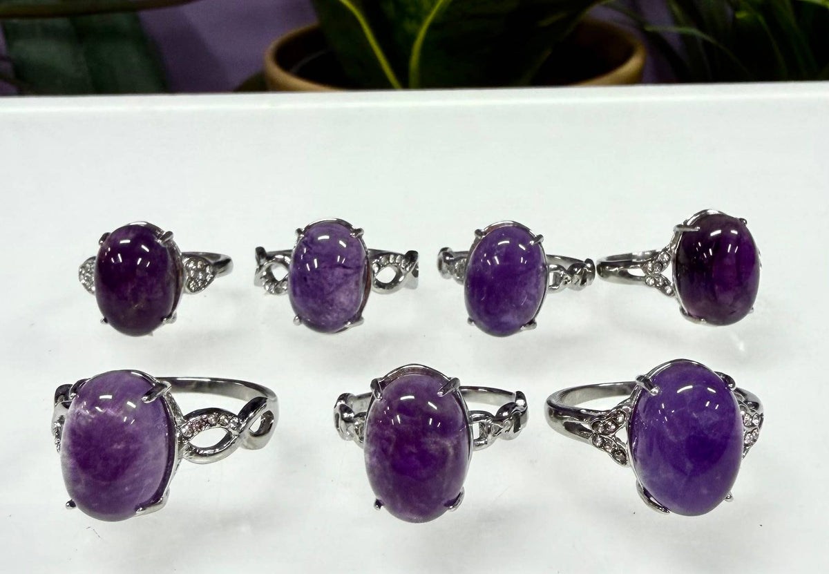 Natural Amethyst Stainless Steel Rings 10x14mm Crystal