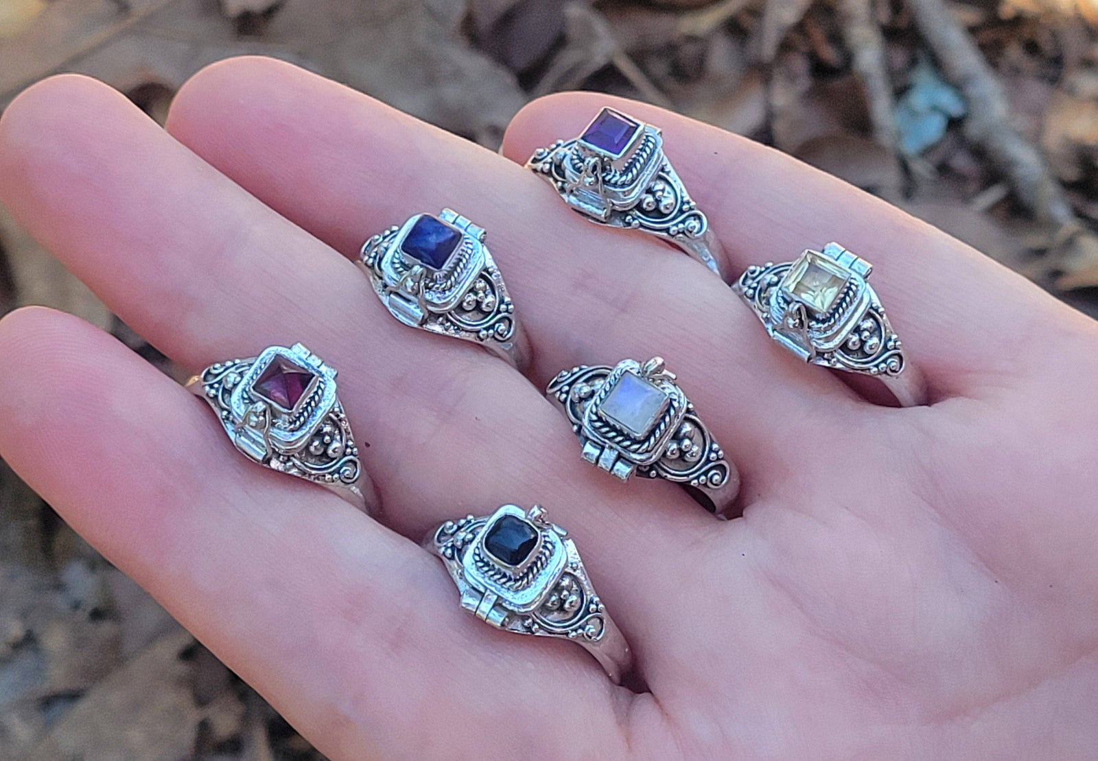 Sterling Silver Square Gemstone Poison Box Locket Ring