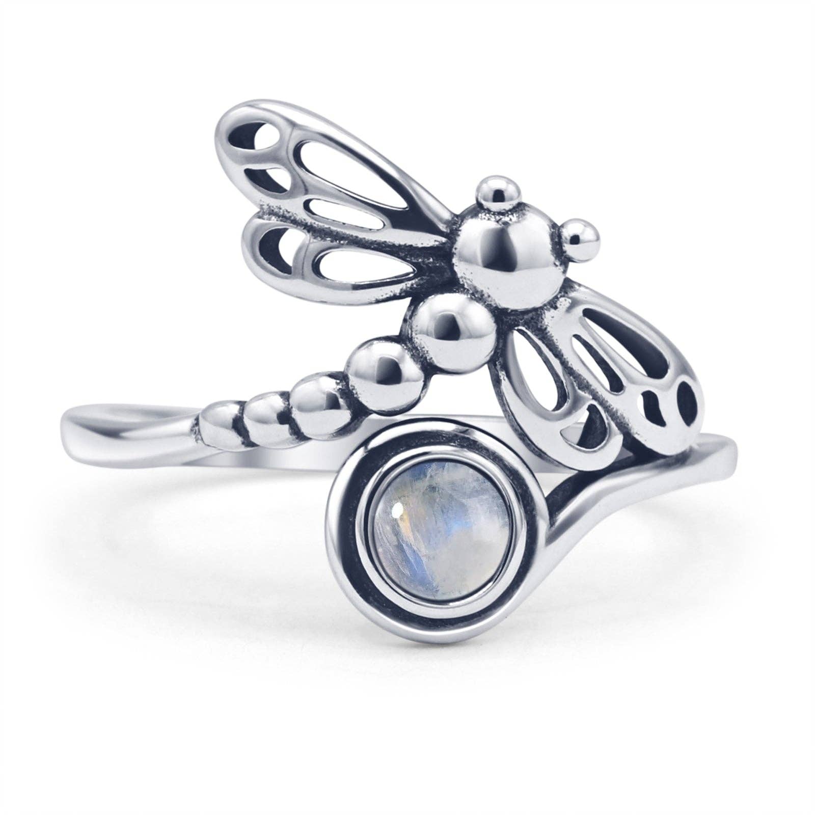 Sterling Silver Round Moonstone Dragonfly Ring