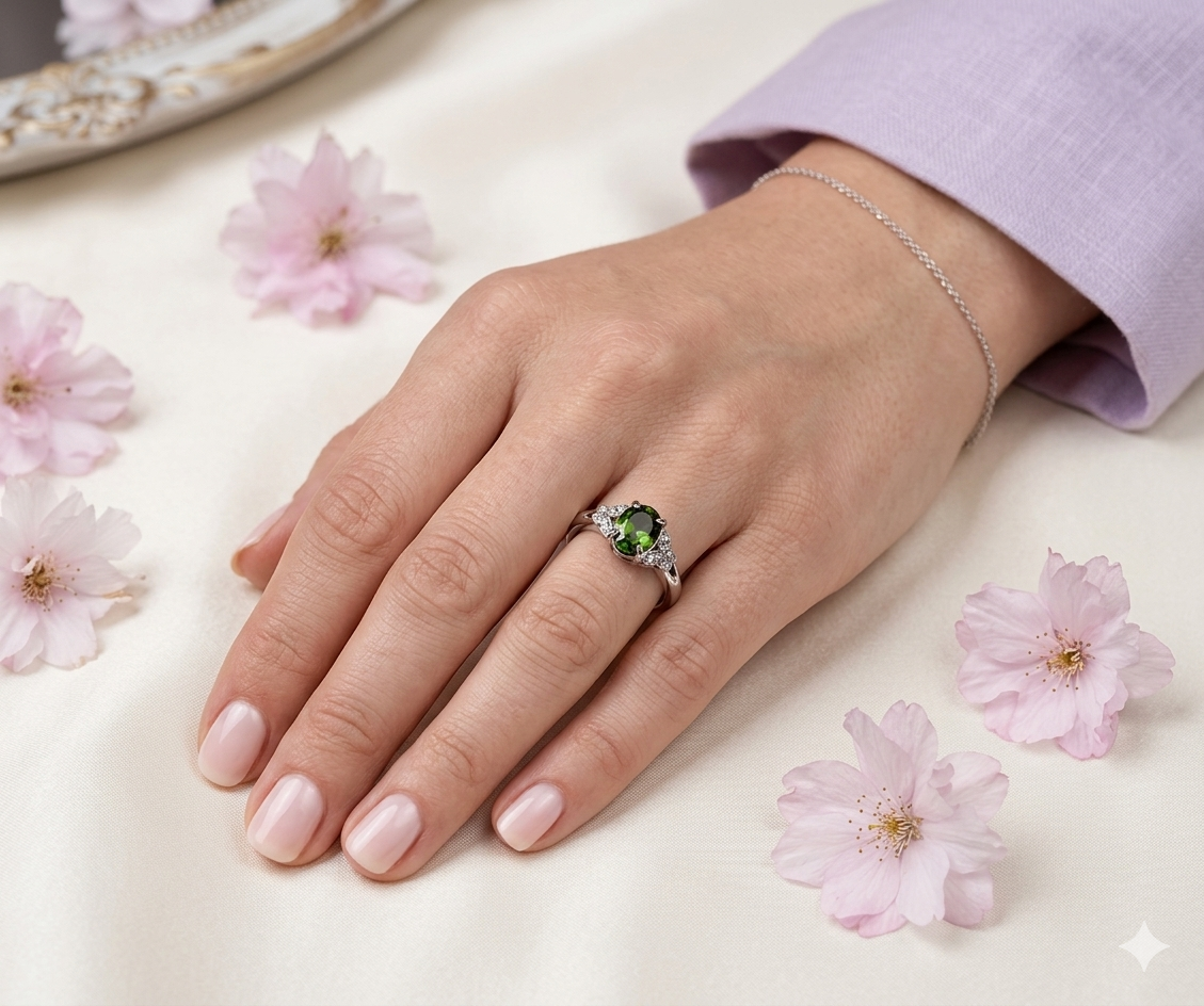 Natural Diopside Stainless Steel Ring Crystals 6x8mm