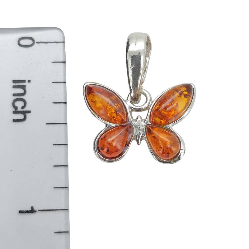 Cognac Amber Sterling Silver Small Butterfly Pendant