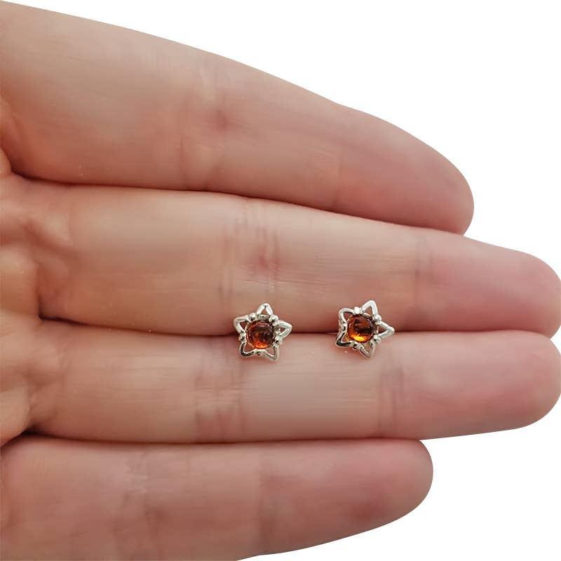 Star Cognac Amber Sterling Silver Stud Earrings