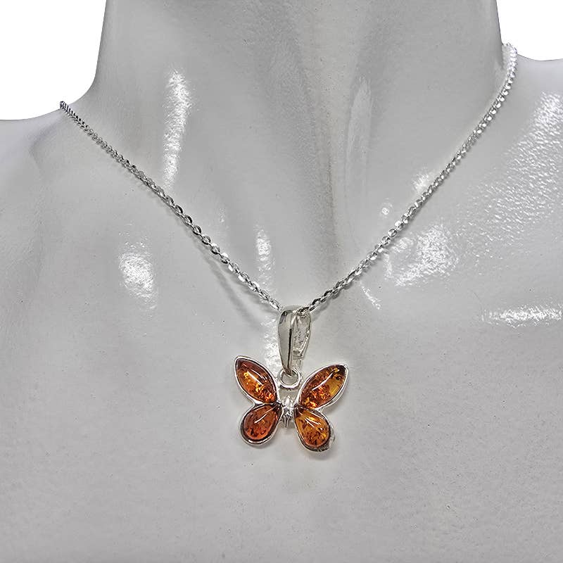 Cognac Amber Sterling Silver Small Butterfly Pendant
