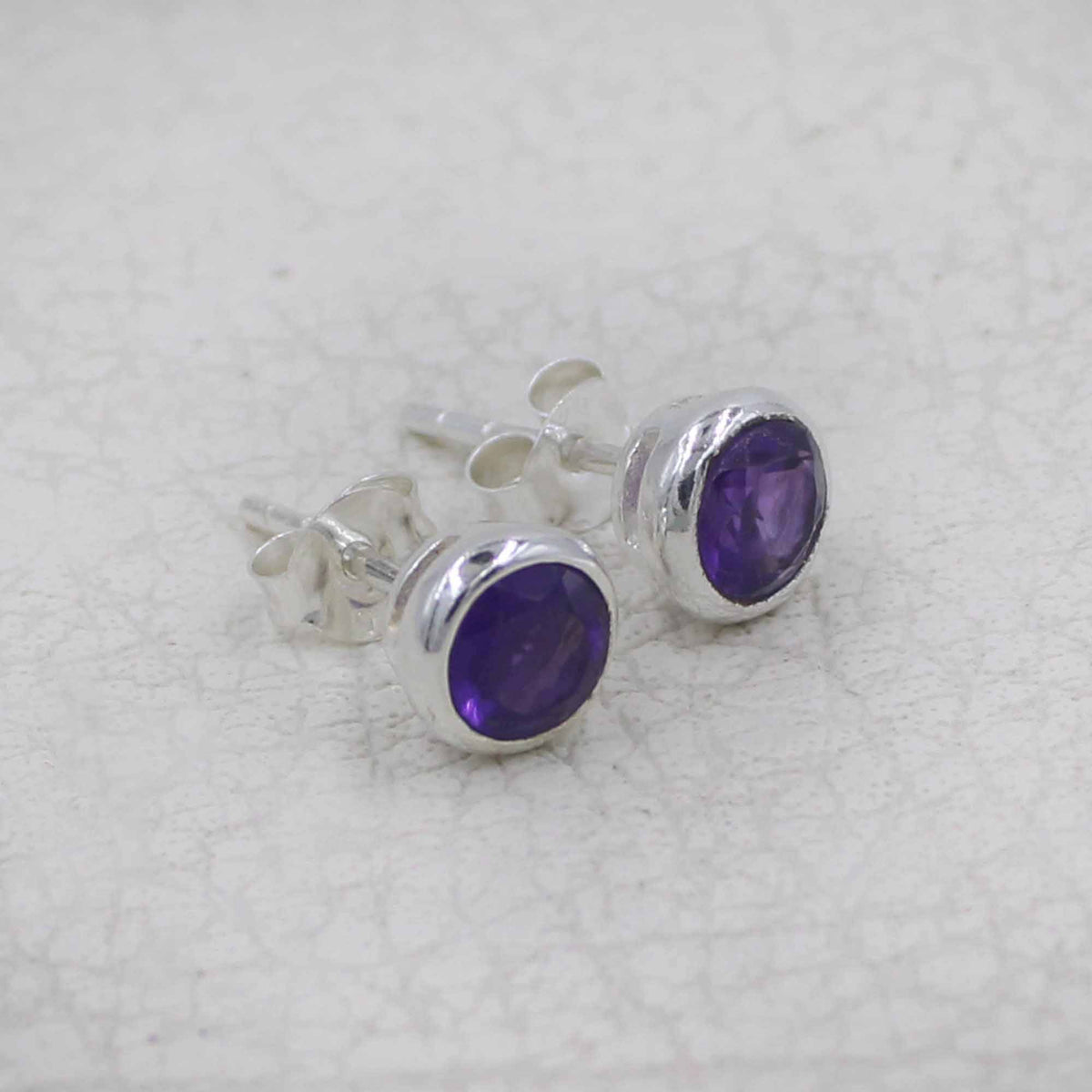 Round Amethyst Stud  Sterling Silver Bezel Earrings