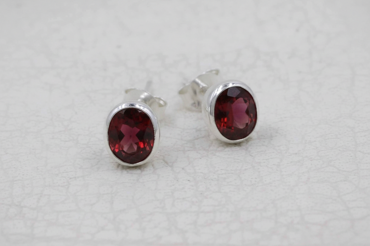 Round Garnet Stud  Sterling Silver Bezel Earrings