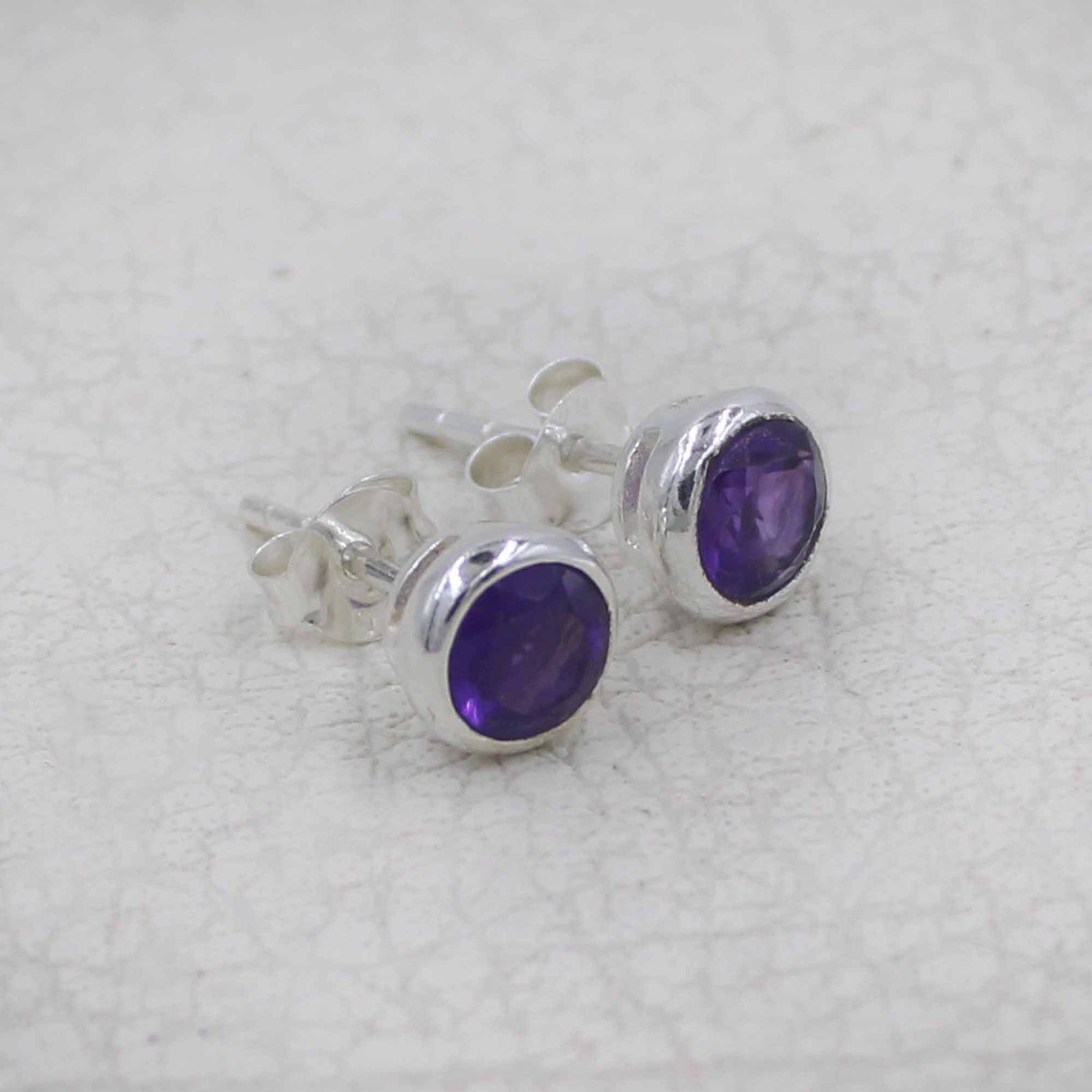 Round Amethyst Stud  Sterling Silver Bezel Earrings