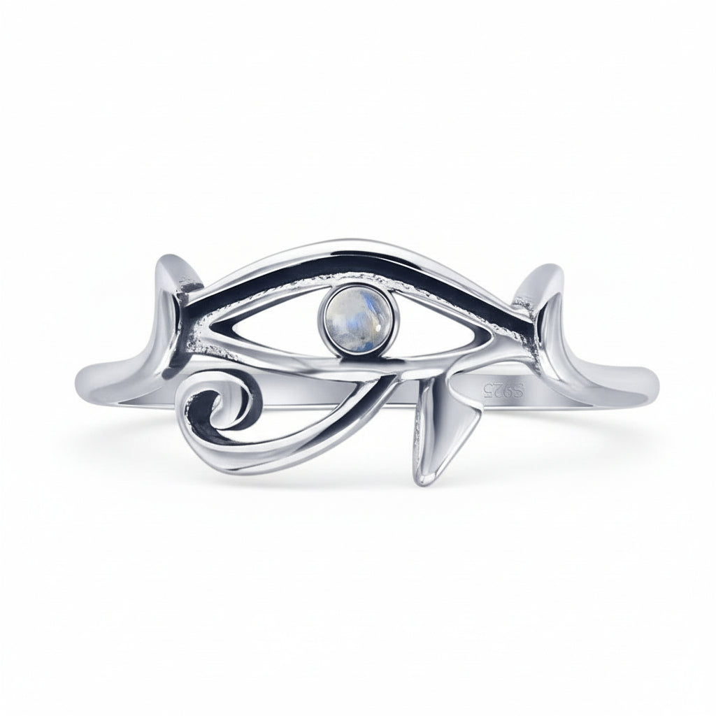 Round Moonstone Eye Of Horus Ring Sterling Silver