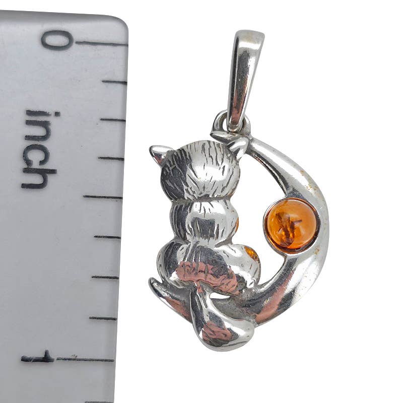 Cat On The Moon Cognac Amber Silver Pendant