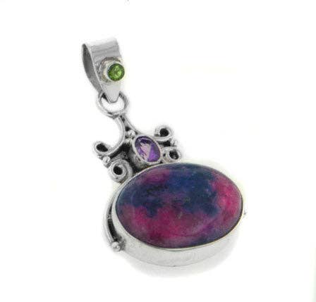 Genuine Pink Rhodonite, Peridot, and Amethyst Sterling Silver Gemstone Pendant