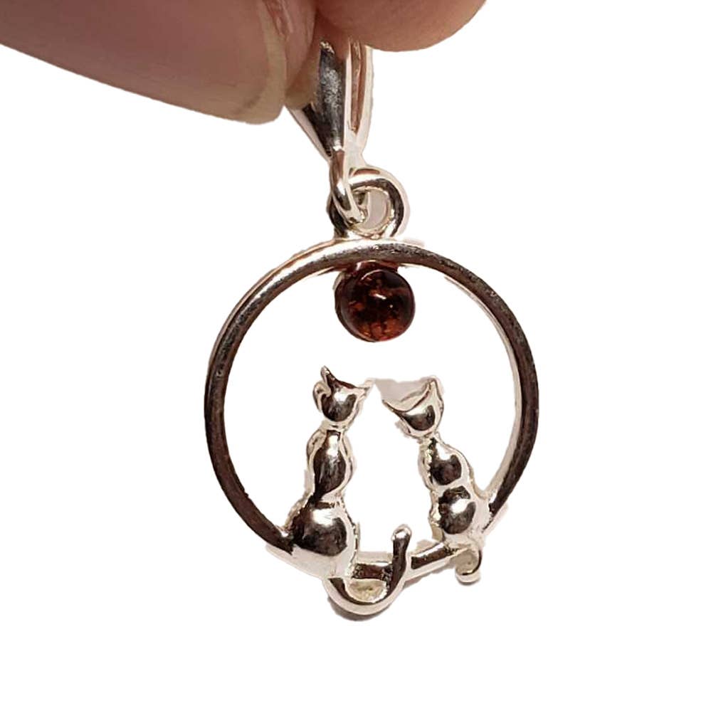 Cats Cognac Amber Sterling Silver Pendant