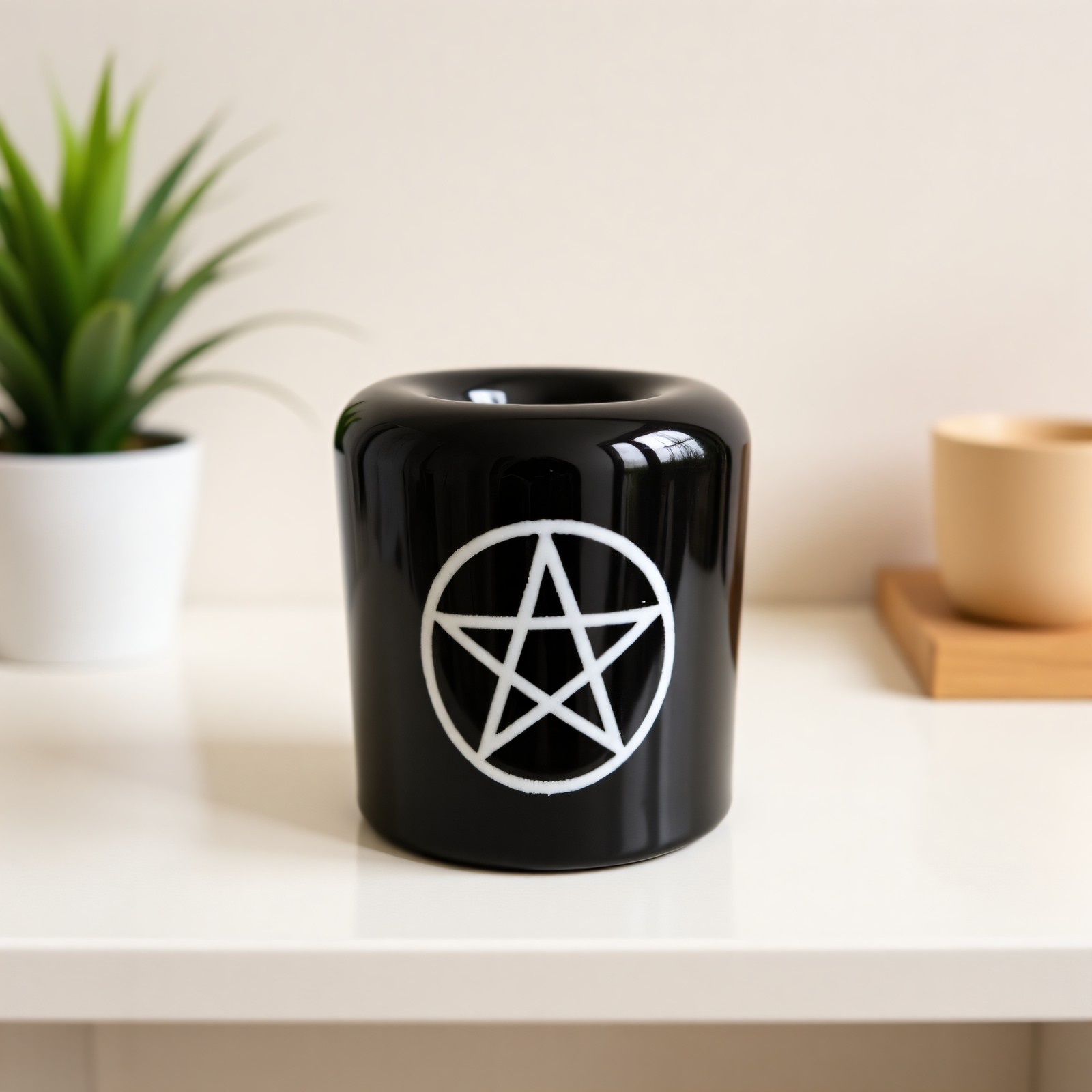 Ceramic Candle Holder Black with White Pentacle