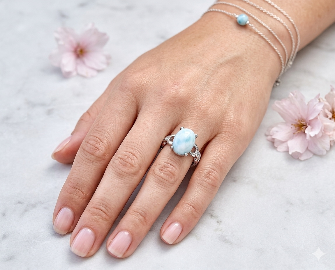 Natural Larimar Stainless Steel Ring 6x8mm