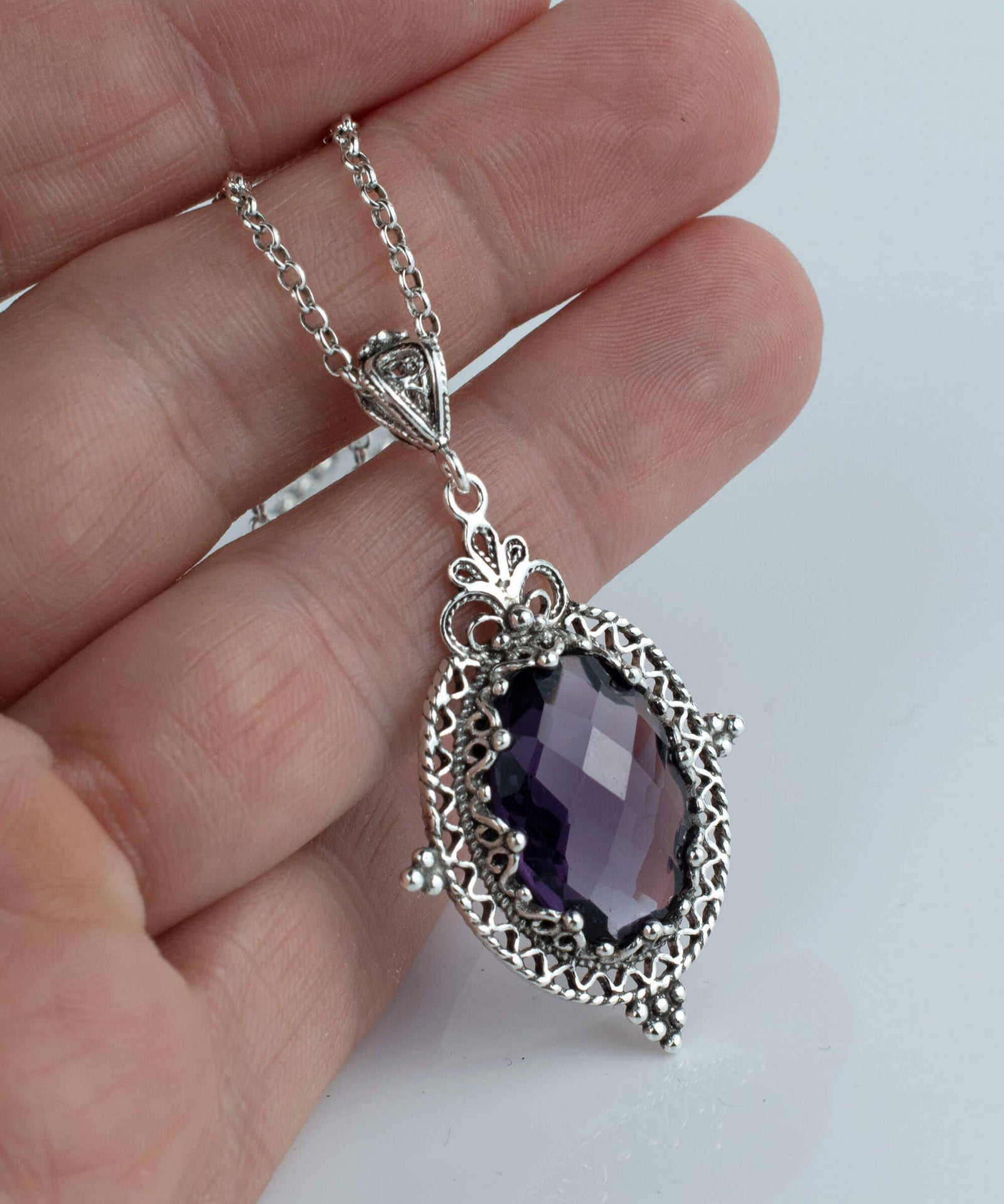 Sterling Silver Filigree Art Amethyst Gemstone Women Oval Pendant