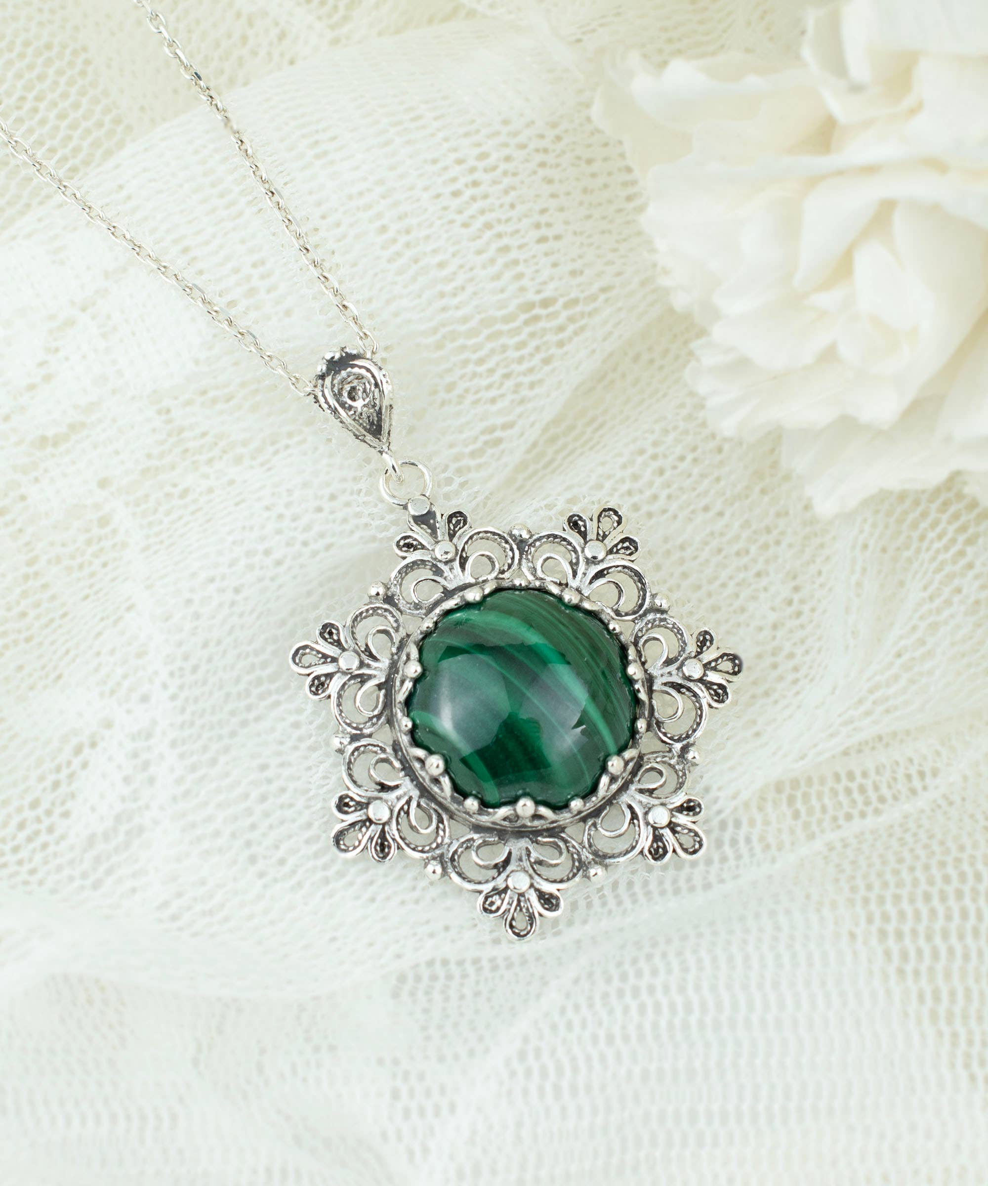 Sterling Silver Filigree Malachite Pendant w/ 20" chain