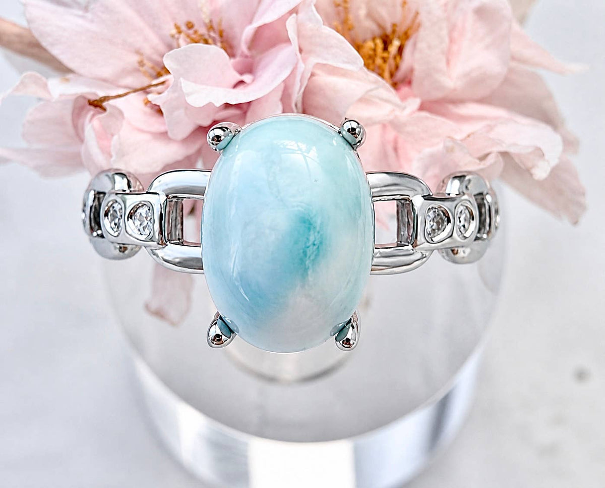 Natural Larimar Stainless Steel Ring 6x8mm