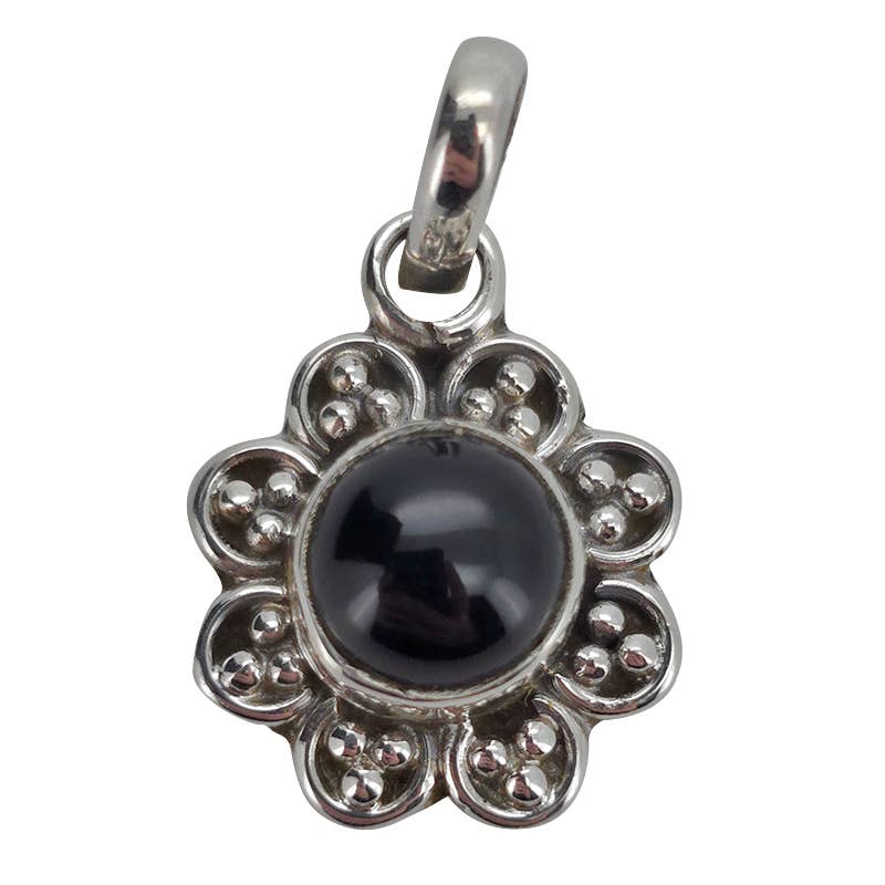 Black Onyx Sterling Silver Flower Pendant