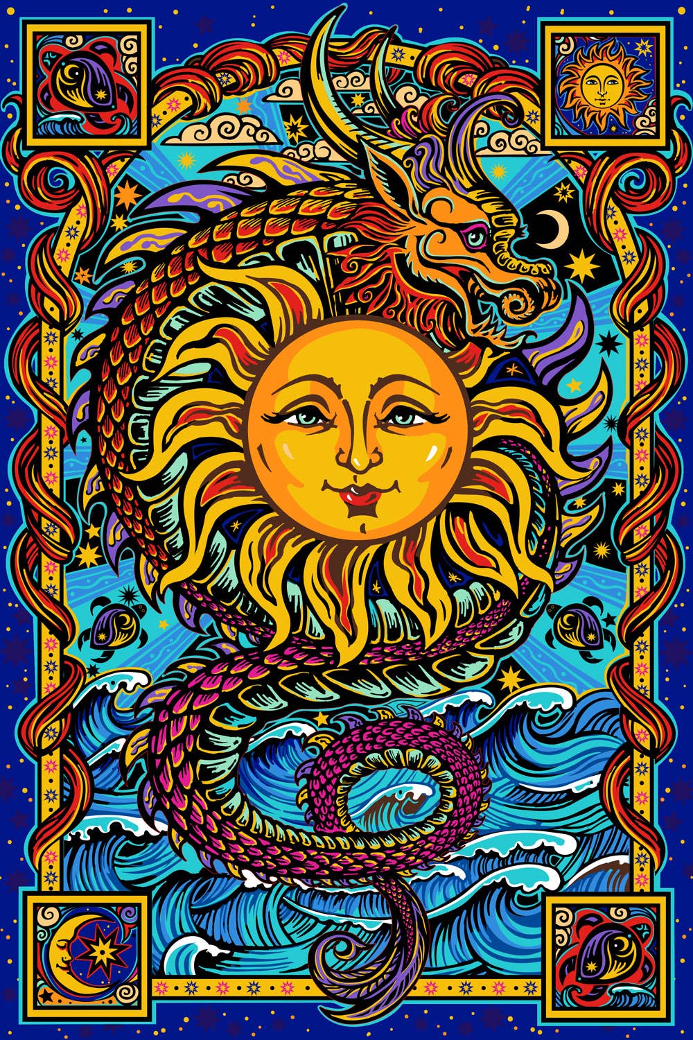 3D Dragon Sun Tapestry 60x90