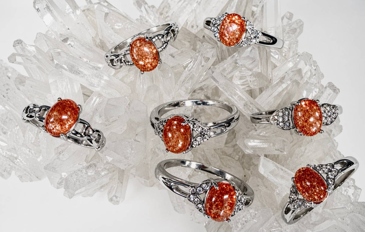 Natural Sunstone Stainless Steel Crystal Rings 6x8mm
