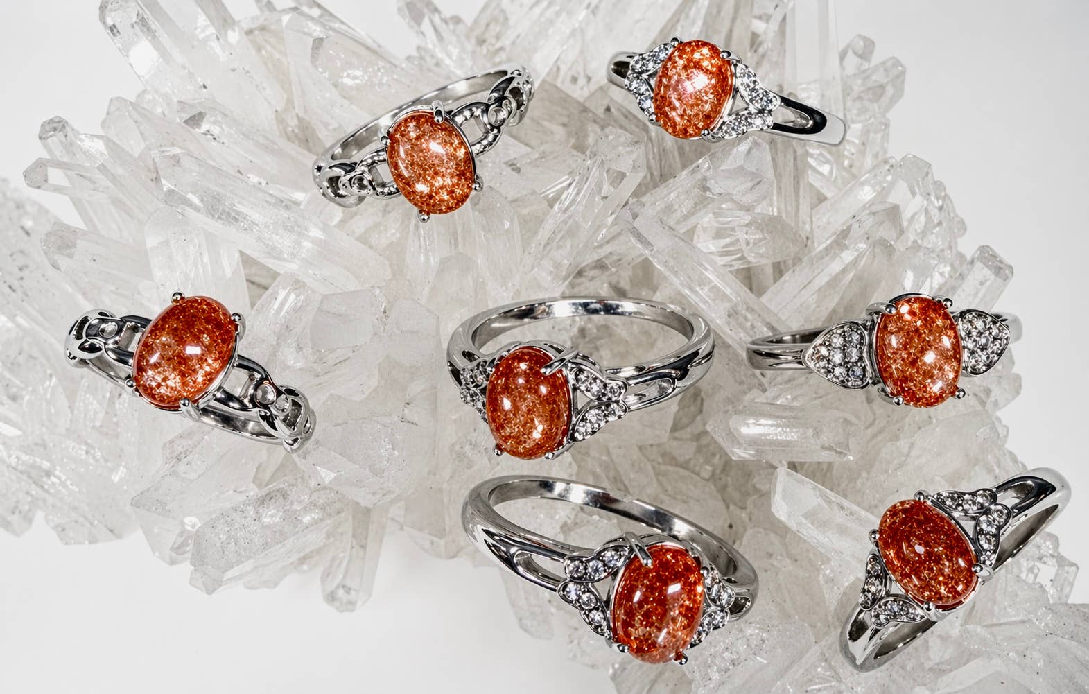 Natural Sunstone Stainless Steel Crystal Rings 6x8mm