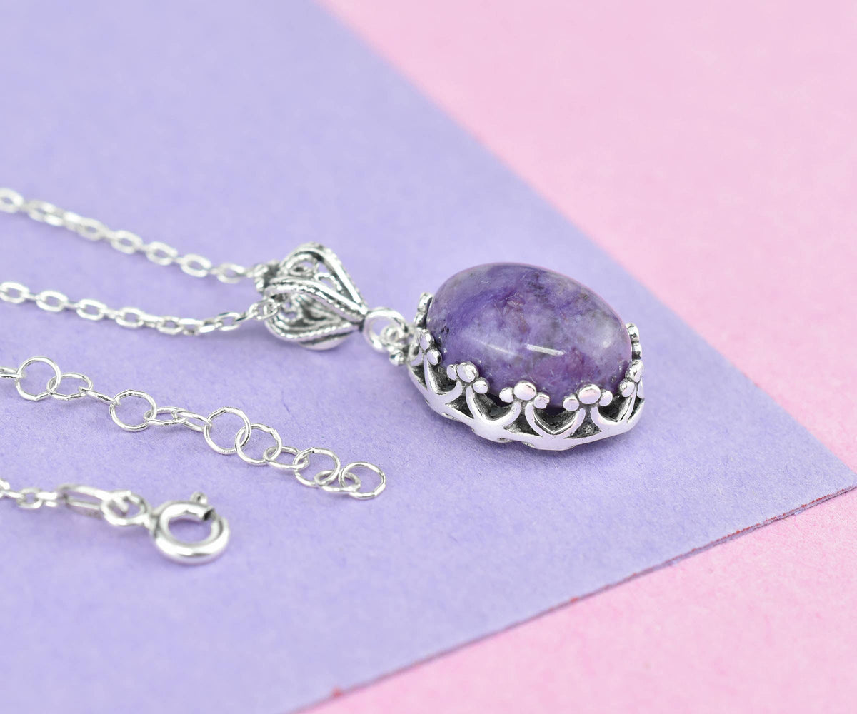 925 Silver Filigree Crown Charoite Gemstone Woman Pendant