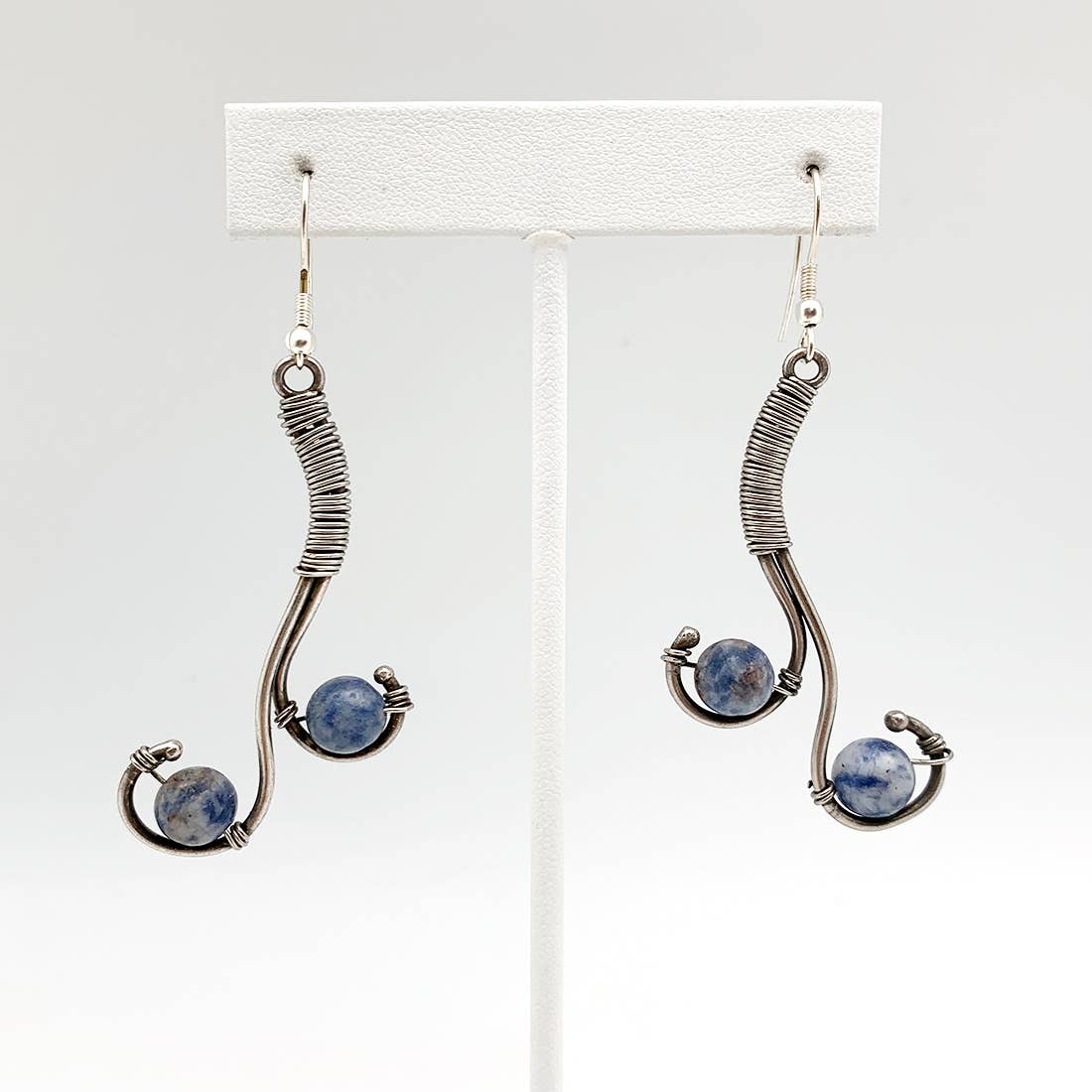Wire-Wrapped Stone Earrings - Antique Silver, Sodalite
