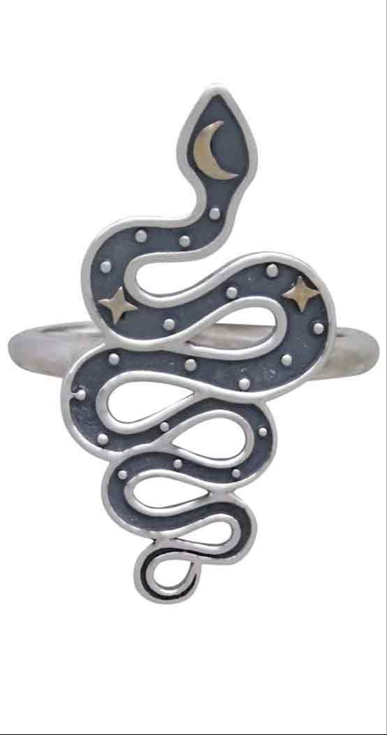 Sterling Silver Snake Ring with Bronze Star and Moon
