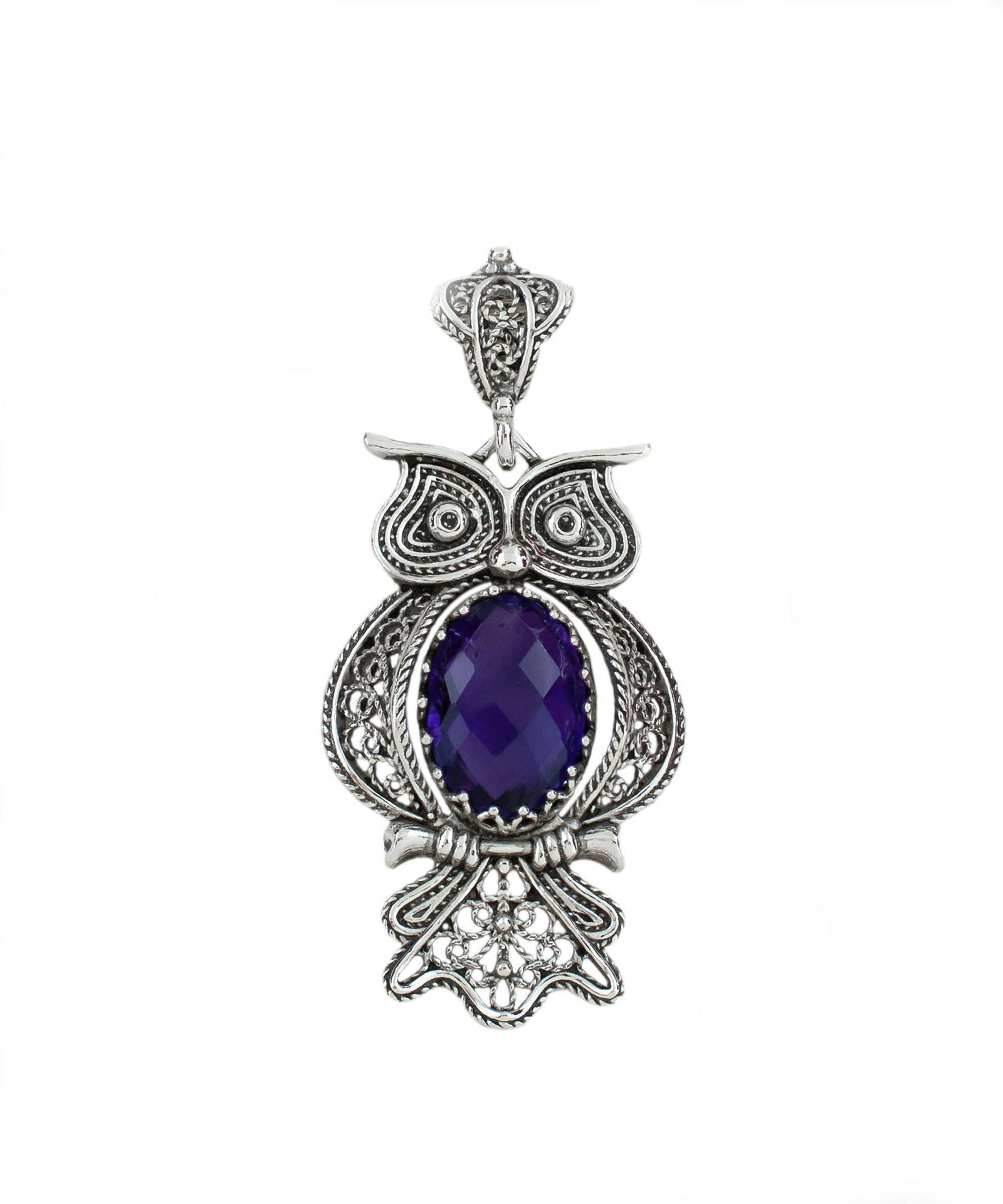 Sterling Silver Filigree Art Owl Amethyst Pendant