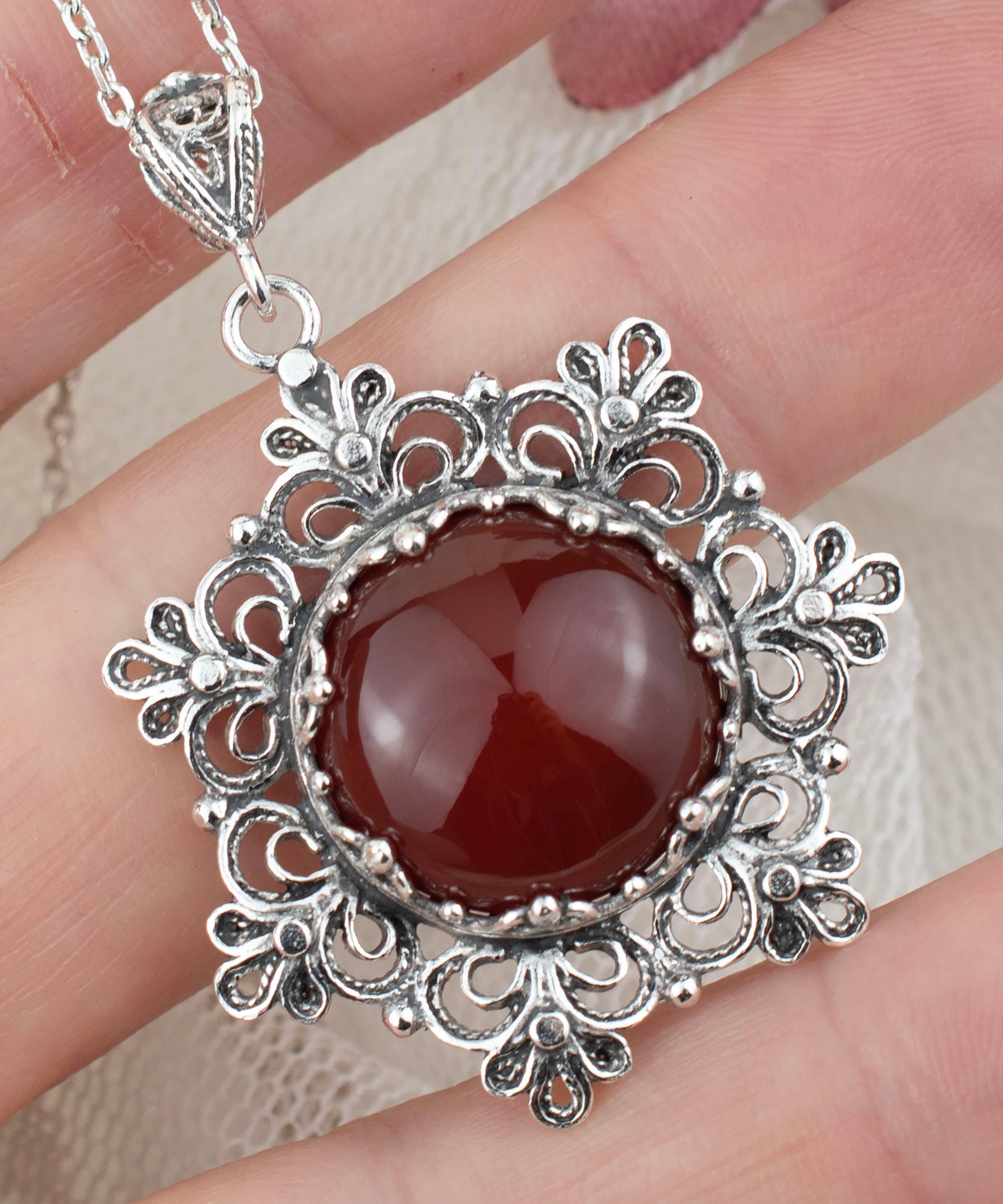 Sterling Silver Filigree Carnelian Pendant with 20" chain