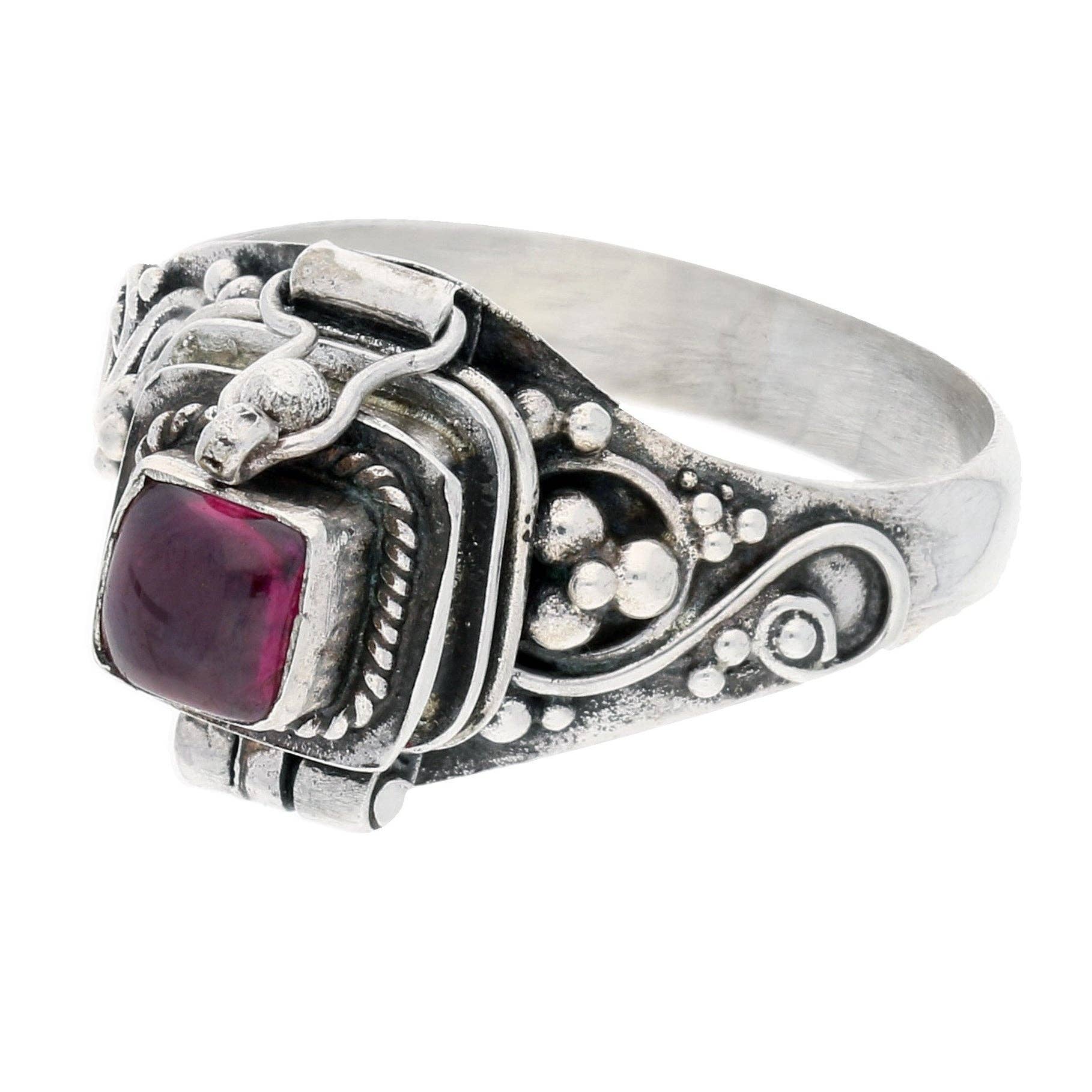 Sterling Silver Square Gemstone Poison Box Locket Ring