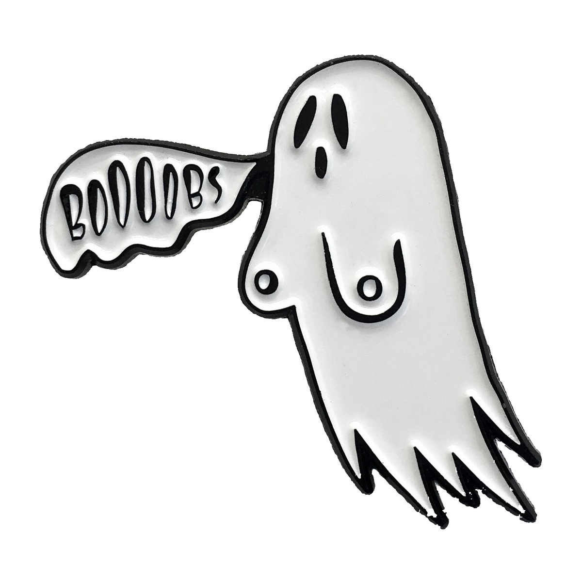 Ghost-shaped badge with &#39;BOOOOBS&#39; text on a white background