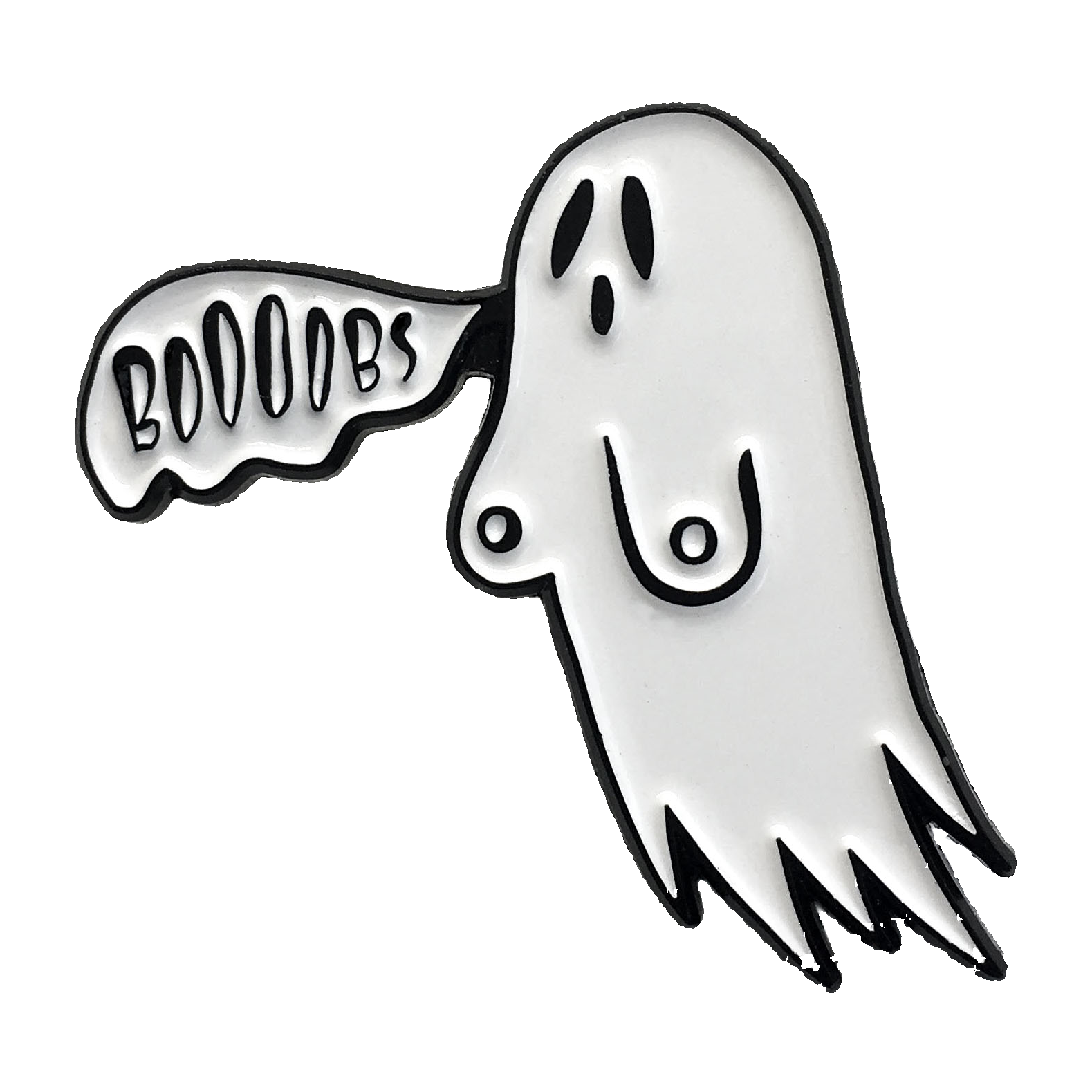 Ghost-shaped badge with 'BOOOOBS' text on a white background