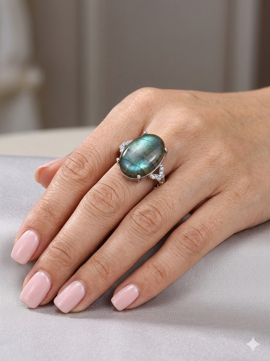 Natural Labradorite Stainless Steel Rings 12x16mm