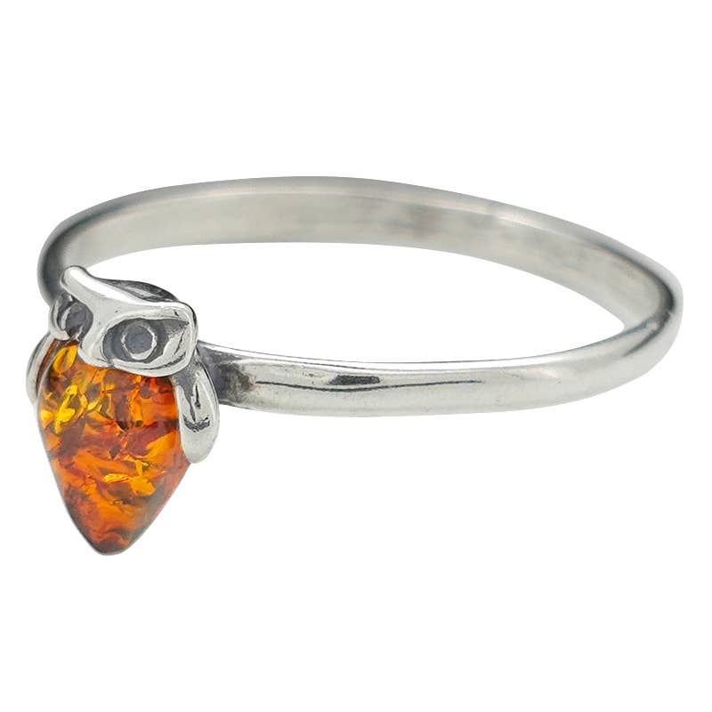Amber Silver Owl Ring