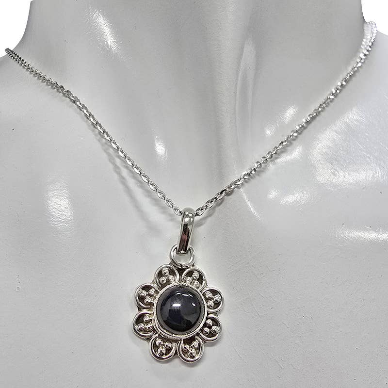Black Onyx Sterling Silver Flower Pendant