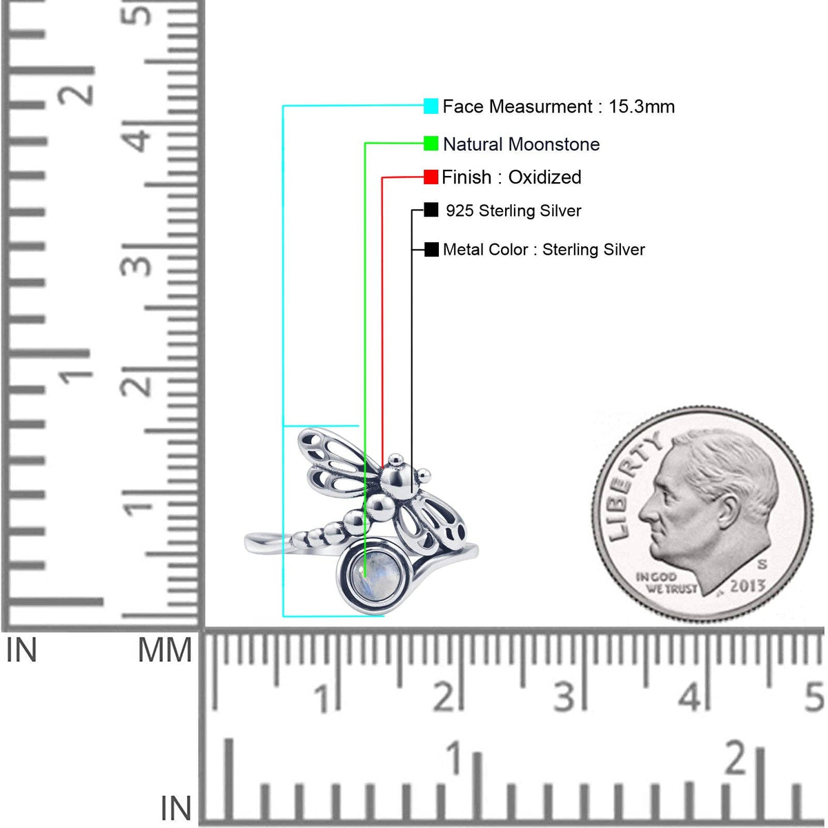 Sterling Silver Round Moonstone Dragonfly Ring