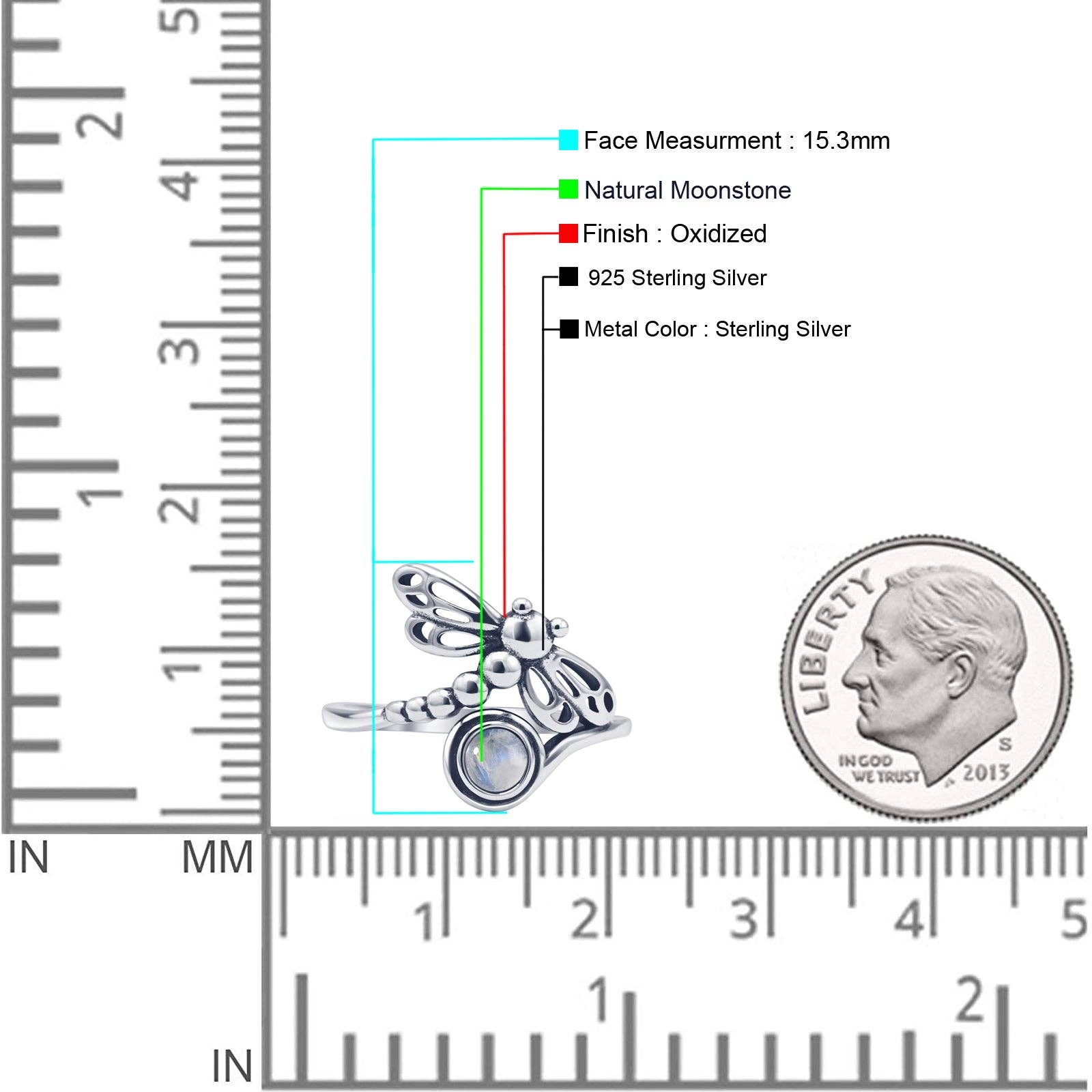Sterling Silver Round Moonstone Dragonfly Ring