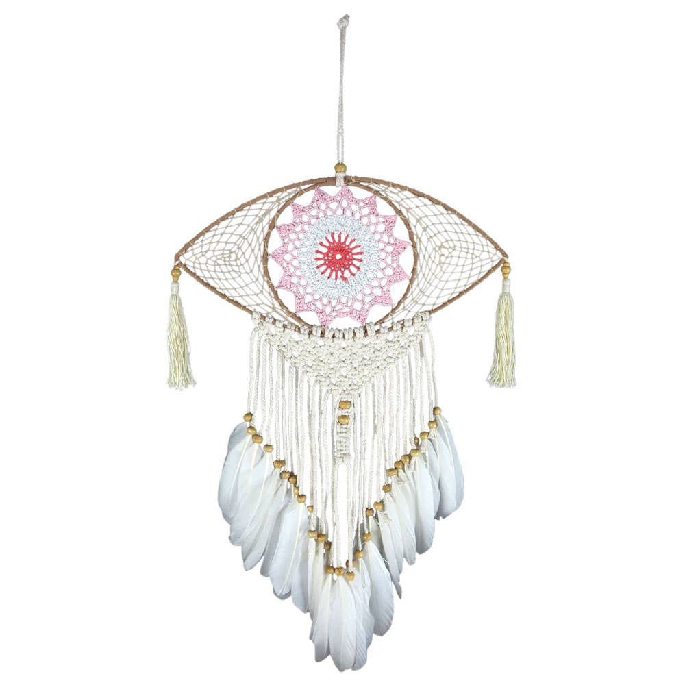 Pink And White Dreamcatcher With Crochet Eye
