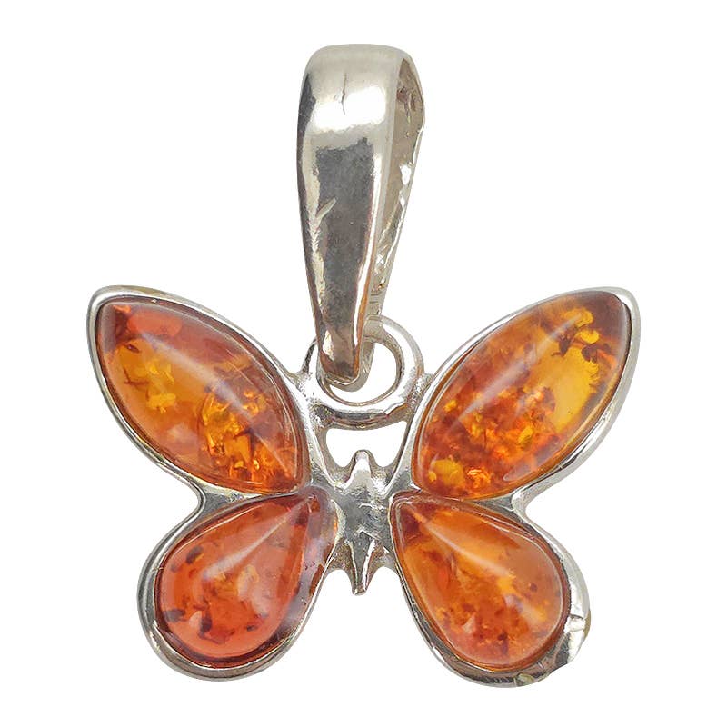 Cognac Amber Sterling Silver Small Butterfly Pendant