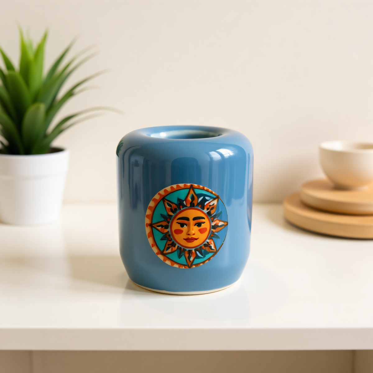 Ceramic Candle Holder Blue with Sun and Moon